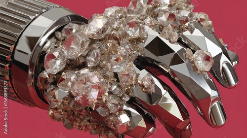 Gleaming metallic robot hand holding a pile of sparkling diamonds silver