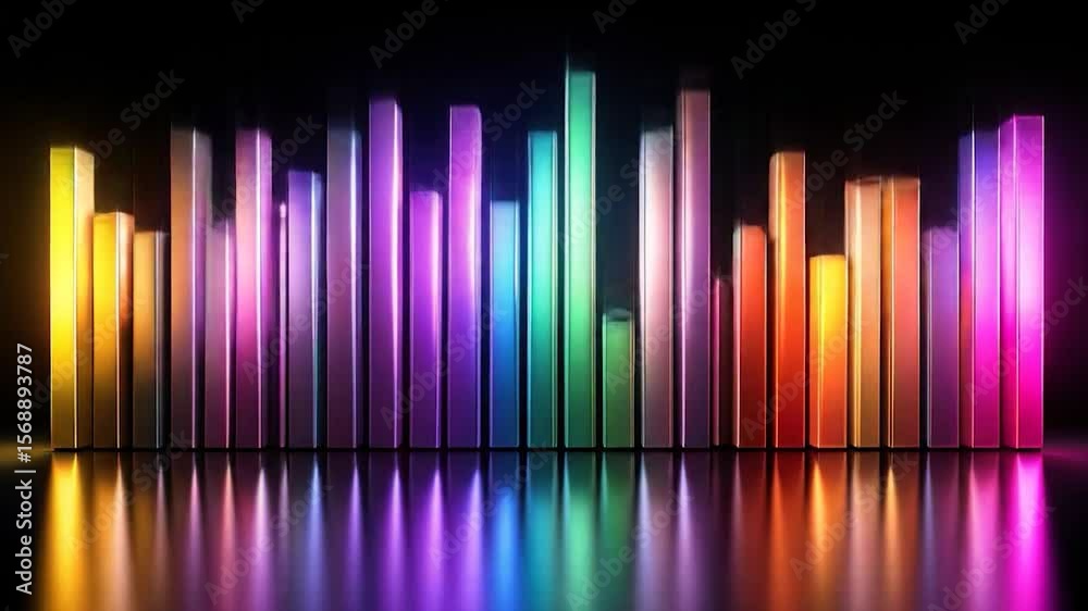 Colorful, vibrant rectangular shapes arranged in a horizontal row, reflecting on a dark surface
