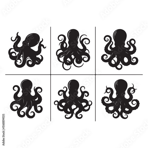 Six Black Octopus Silhouettes in Various Poses Ink Style Graphic Design Elements Set vector