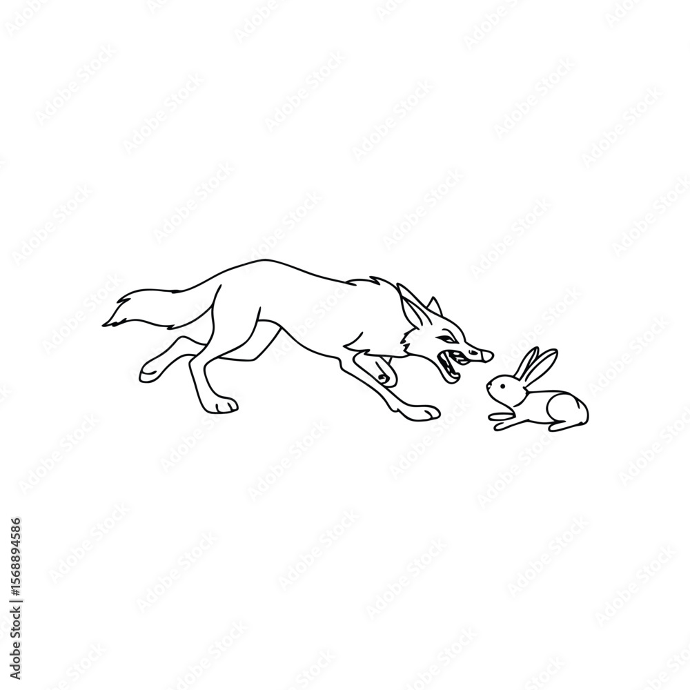 Fototapeta premium Black line art of a wolf chasing a rabbit hunting predator