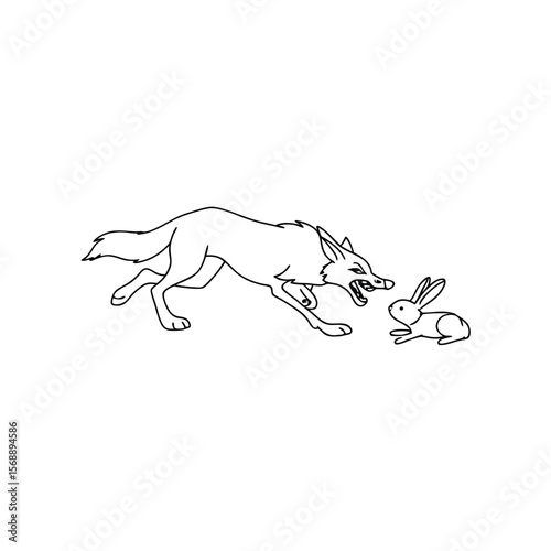 Black line art of a wolf chasing a rabbit hunting predator