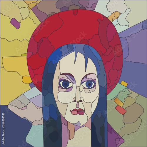 Head of a Christian saint woman. Virgin Mary. Stained glass design. Female portrait.