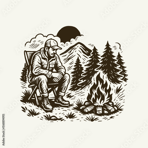 Man Sitting by Campfire, Forest Mountain Camping Scene, Vintage Outdoor Adventure Illustration