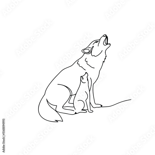 Black line art sketch of two wolves howling on white background