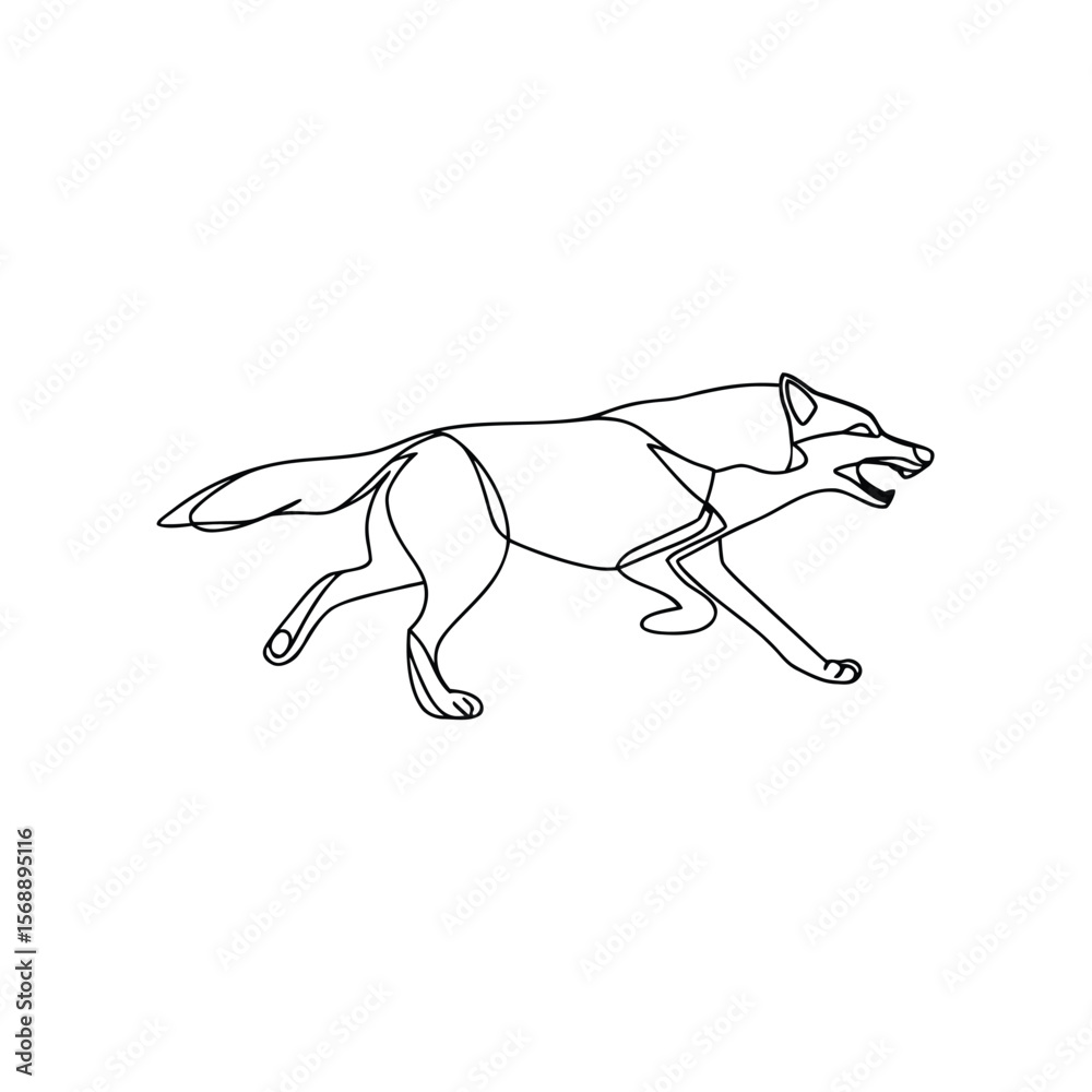 Fototapeta premium Black line art of a wolf running with open mouth animal