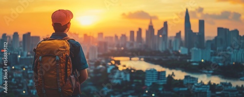 Backpacker journey destination concept, young tourism student traveling on a city tour in Southeast Asia during the summer vacation trip, Generative AI