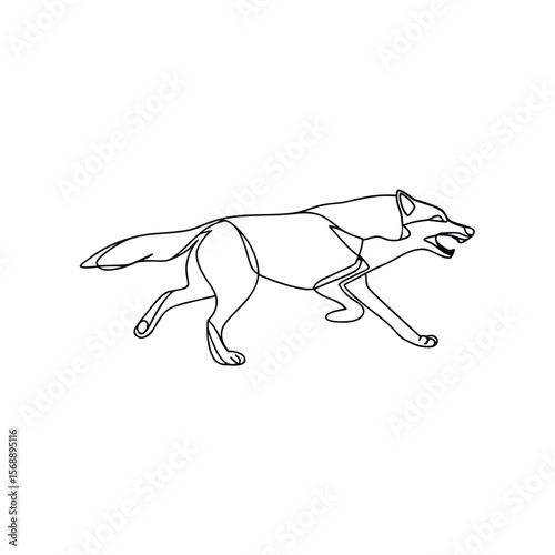 Black line art of a wolf running with open mouth animal