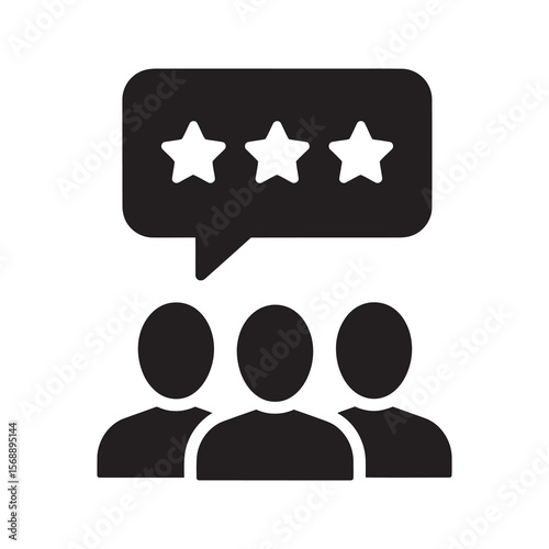 Team feedback and review icon with group of people and speech bubble with stars representing collective opinion and customer satisfaction vector solid glyph