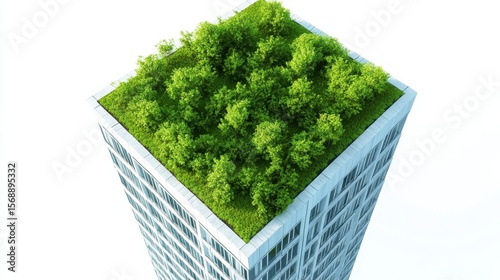 Lush Green Roof on High Rise Office Building Isolated on White Background