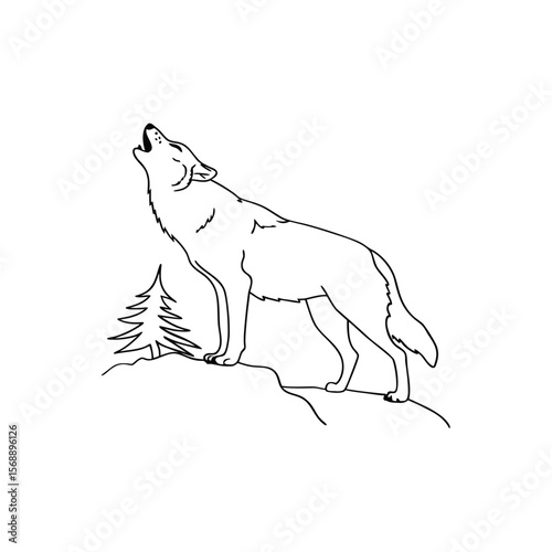 Black line art wolf howling on rocky ground next to pine tree