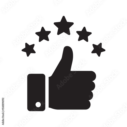 Excellent rating and customer satisfaction icon with thumbs up and five stars representing positive feedback best choice and top quality service vector solid glyph