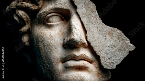 Close up of a damaged marble bust of a male figure depicting an eye and nose