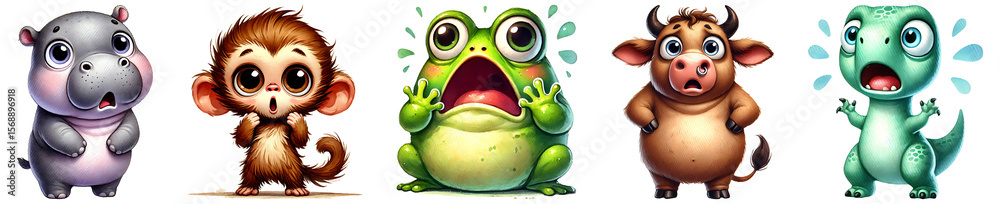 Funny cartoon animals with shocked face, watercolor illustration isolated on transparent background. Funny cartoon animals with shocked face, watercolor illustration isolated on transparent background.