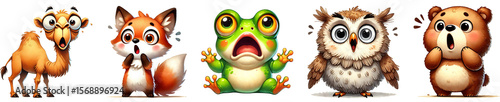 Funny cartoon animals with shocked face, watercolor illustration isolated on transparent background.