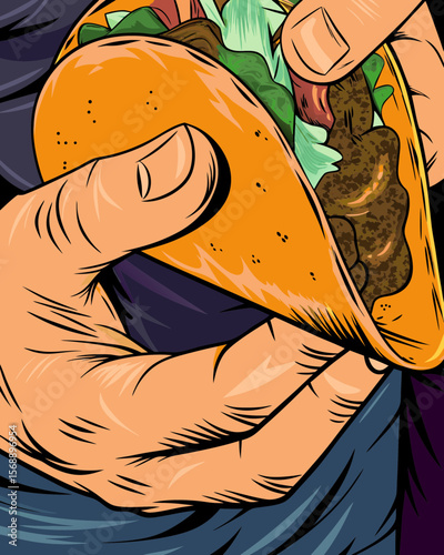 Close-up of taco held in hand, vibrant fillings spilling slightly, showcasing bold colors and textures under bright daylight, emphasizing deliciousness and appetizing appeal