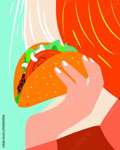 Close-up of taco held in hand with colorful fillings spilling slightly, bright daylight illuminating vibrant ingredients and creating a lively culinary scene