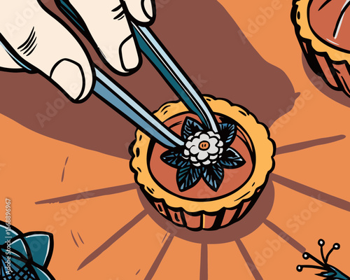 Close-up of tweezers delicately placing an edible flower atop a tiny tart, showcasing vibrant colors and intricate details in dramatic lighting for culinary artistry