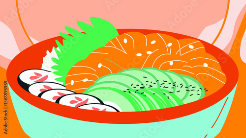 Close-up of vibrant vegan poke bowl featuring colorful ingredients, arranged artfully in a turquoise bowl, set against a soft pastel background with copy space for text