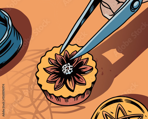Close-up of tweezers delicately placing an edible flower atop a tiny tart, showcasing vibrant colors and intricate details in dramatic lighting for culinary artistry