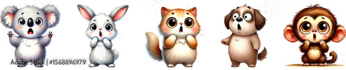 Funny cartoon animals with shocked face, watercolor illustration isolated on transparent background.