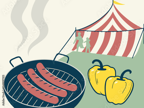 Sizzling sausages grilling on a barbecue with yellow peppers and onions beside, smoke rising into the air, background hints of a festive atmosphere and striped tent at Summer Festivals in Germany