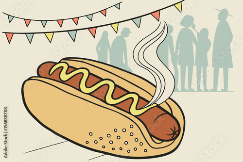 Bratwurst in crispy bun with mustard and steam rising, set against a soft background featuring a blurred crowd enjoying summer festivities in Germany and outdoor dining atmosphere