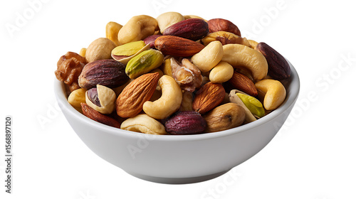 A white bowl filled with a variety of mixed nuts including almonds cashews pistachios and walnuts isolated on transparent background