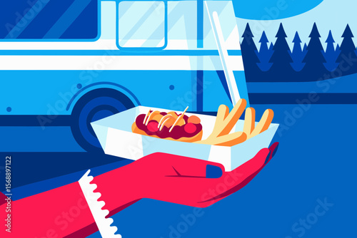 Hand holding paper tray with German currywurst topped with spicy sauce and fries, vibrant food truck scene, showcasing delicious street food experience and cultural delight Summer Festivals in Germany