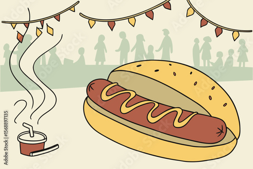 Bratwurst in crispy bun with mustard, steam rising, soft blurred crowd in summer atmosphere, showcasing delicious street food experience and vibrant outdoor dining at Summer Festivals in Germany