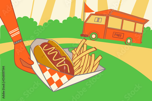 Hand holding a paper tray with German currywurst topped with spicy sauce and crispy fries, set against a vibrant outdoor food truck scene, evoking a Summer Festivals in Germany culinary experience
