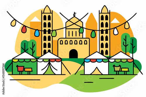 Old town scene featuring cobbled streets, gothic architecture, colorful tents selling souvenirs, and vibrant atmosphere, creating lively marketplace experience at Summer Festivals in Germany