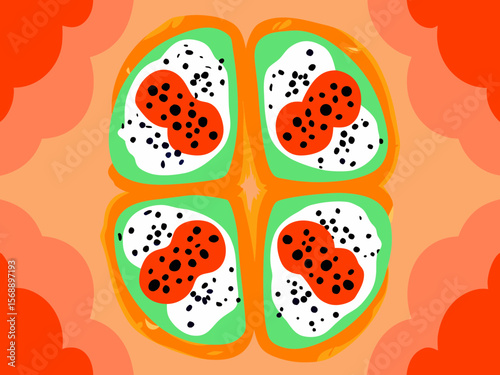 Close-up of avocado toast topped with black sesame seeds and chili flakes, showcasing geometric composition and vibrant colors, perfect for food photography enthusiasts