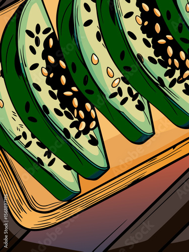 Close-up of avocado toast topped with black sesame seeds and chili flakes, arranged in a geometric composition on a wooden surface, showcasing vibrant colors and textures