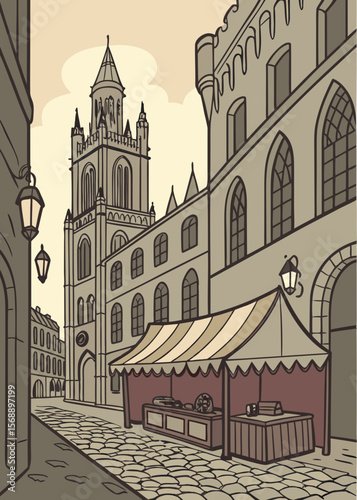 Cobblestone street in historic town, featuring gothic architecture, charming market tents, and lanterns, creating a picturesque and inviting atmosphere for visitors at Summer Festivals in Germany