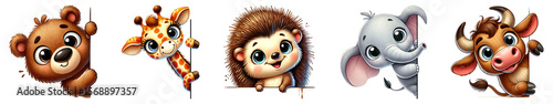 Peeking animals cartoon set, watercolor illustration isolated on transparent background.