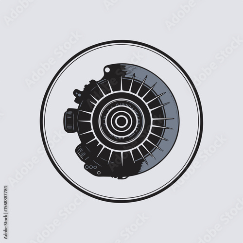 Detailed and stylized vector illustration of an electric motor with geometric and mechanical elements