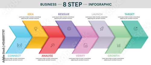 Zigzag Arrow Shape Infographic Template With 8 Options, Steps, Parts, Segments. Vector Illustration For Business Financial Report.