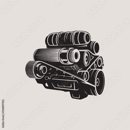 Detailed vector illustration of a powerful black and white car engine with various intricate mechanical components