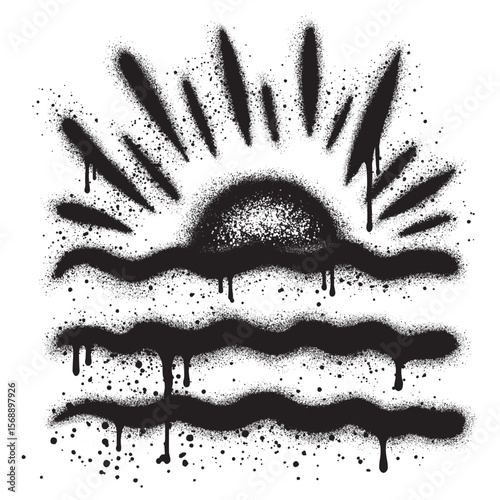 Sunset on beach graffiti with black spray paint. vector illustration.