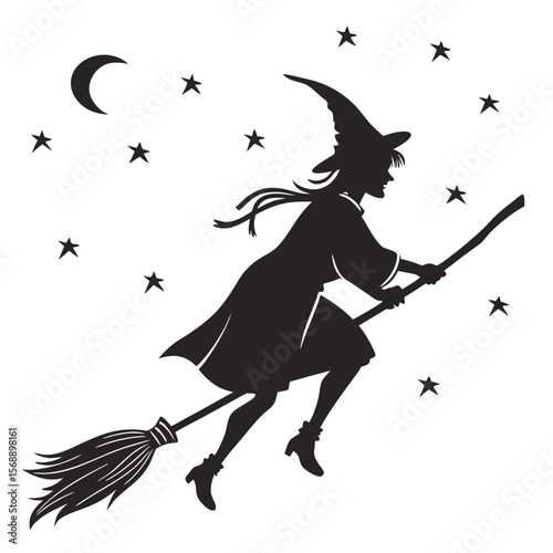 Witch on a Broomstick Silhouette: Night Sky, Stars, Crescent Moon