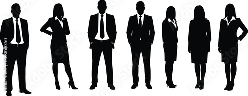 Business team silhouettes, men and women in formal wear, office professionals vector, standing corporate workers illustration, executive business attire concept