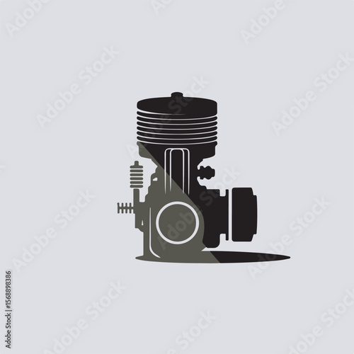 Simplified silhouette illustration of a mechanical engine with radiator and detailed internal combustion structure