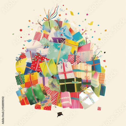 A vibrant, whimsical pile of colorful gift boxes with playful ribbons, bursting with joy and childhood wonder