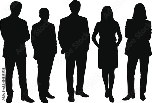 Business team silhouette in formal attire, professional group of people standing together, black vector illustration for corporate and teamwork concept