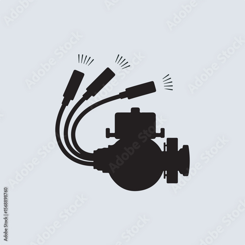 A stylized black silhouette of an engine component with spark plug connectors on a light grey background