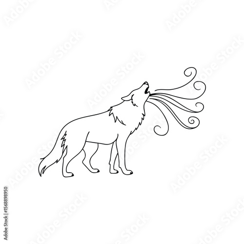 Line art howling wolf with swirling wind blowing animal