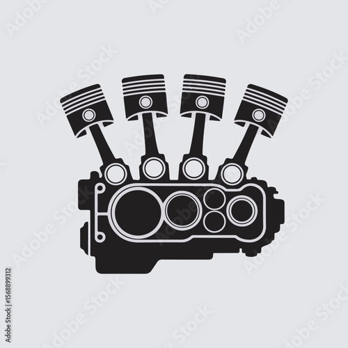 Black and white illustration of an internal combustion engine with four pistons automotive technology concept