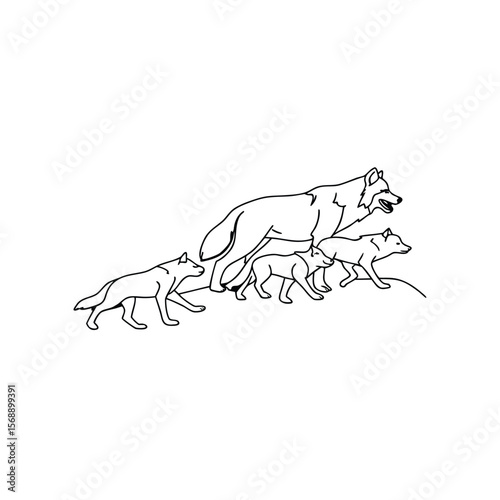 Line art of a wolf pack walking on a hill wolves animal
