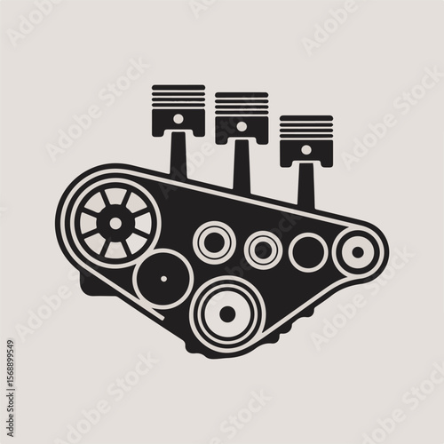 Black and white simplified illustration of a cylinder head engine with piston and timing belt elements