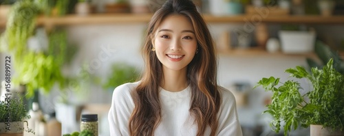 Health-conscious Asian influencer showcasing plant-based protein product during live stream, promoting wellness to followers, Generative AI